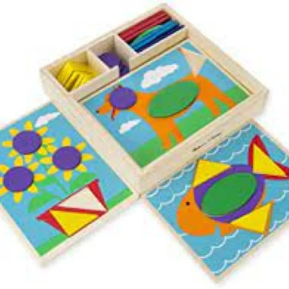 NWT MELISSA & DOUG CLASSIC TOY BEGINNER PATTERN BLOCKS IN WOODEN BOX